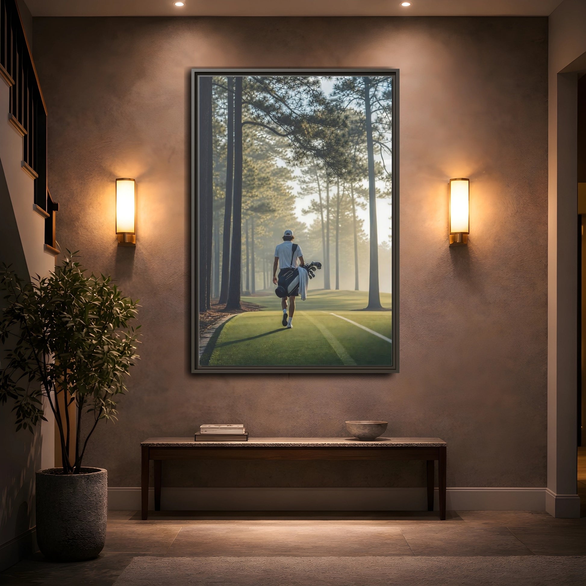 Mockup 2. Sports Golfer Misty Golf Course shown as framed canvas print