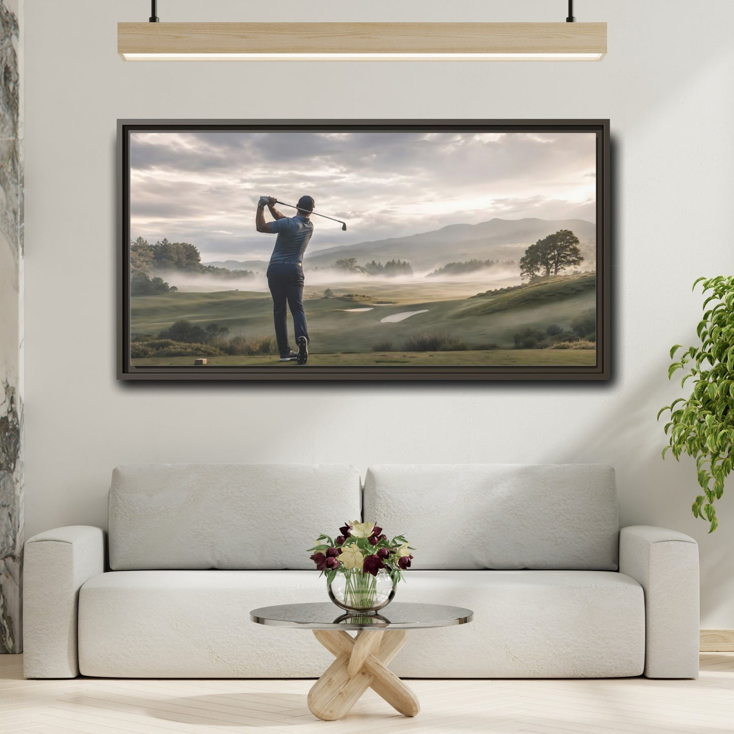 Mockup 2. Sports Golfer Misty Golf Course shown as framed canvas print