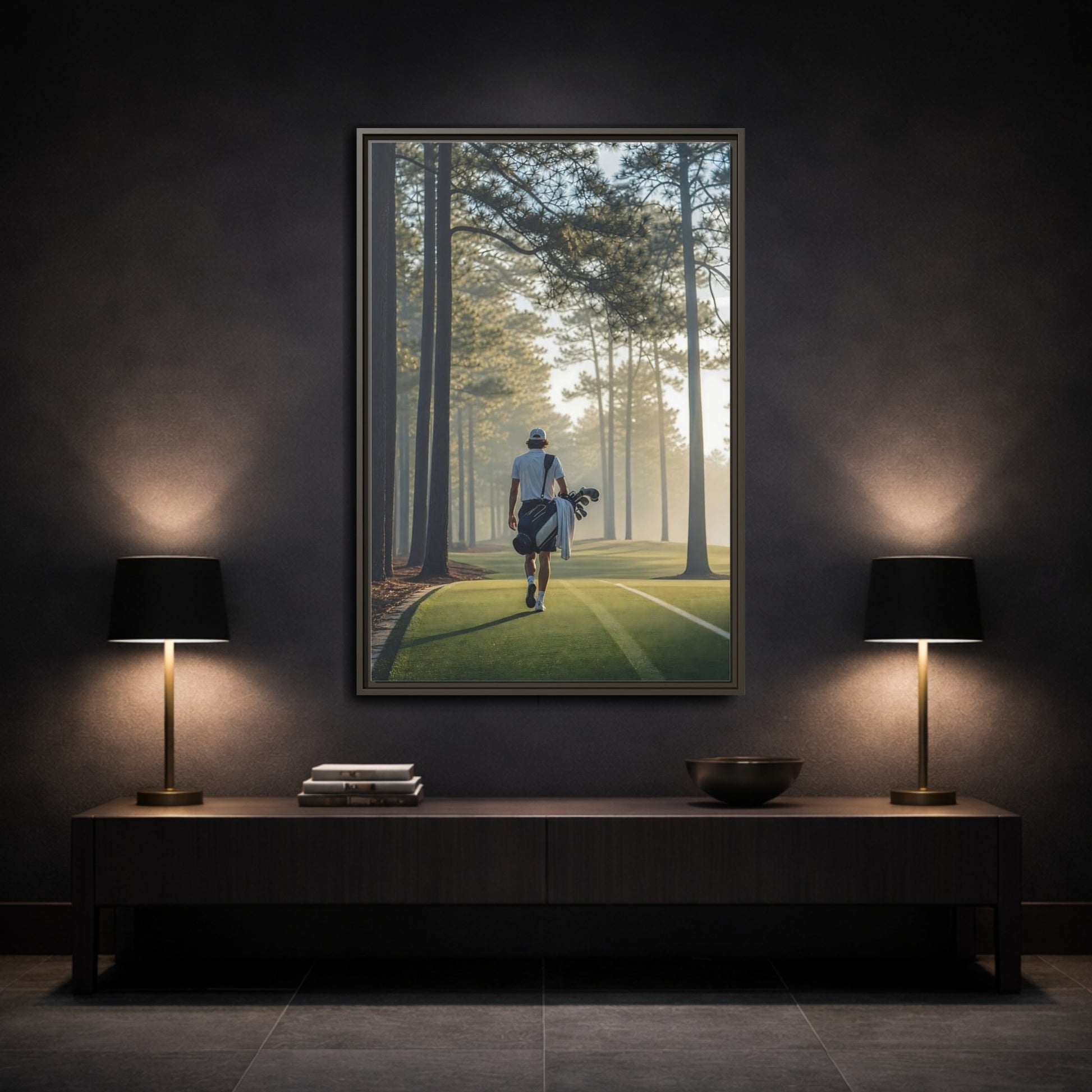 Mockup 3. Sports Golfer Misty Golf Course shown as framed canvas print