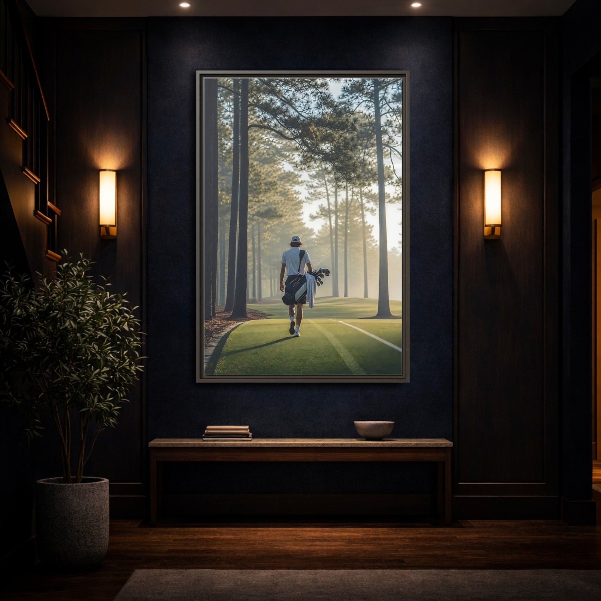 Mockup 4. Sports Golfer Misty Golf Course shown as framed canvas print