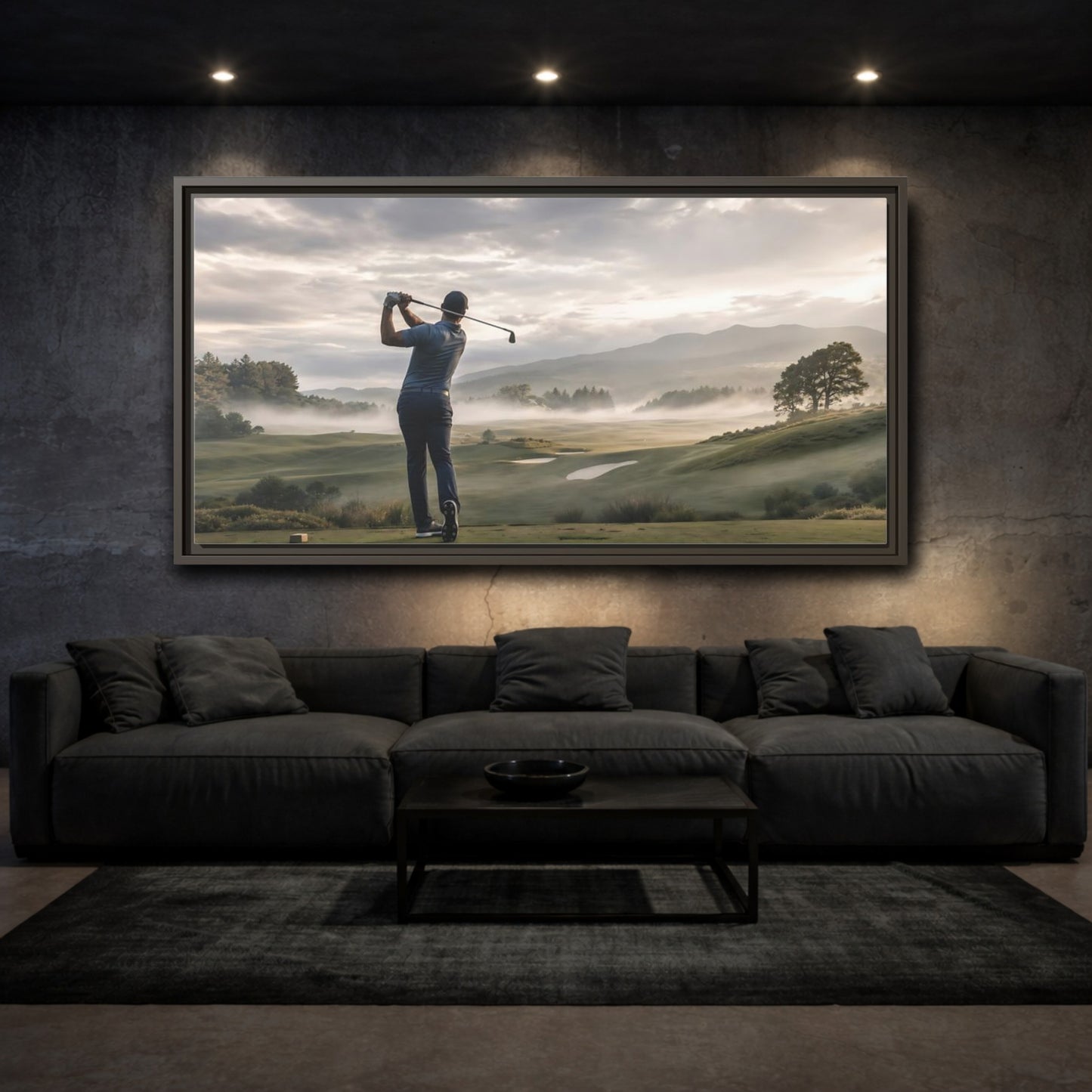 Mockup 4. Sports Golfer Misty Golf Course shown as framed canvas print