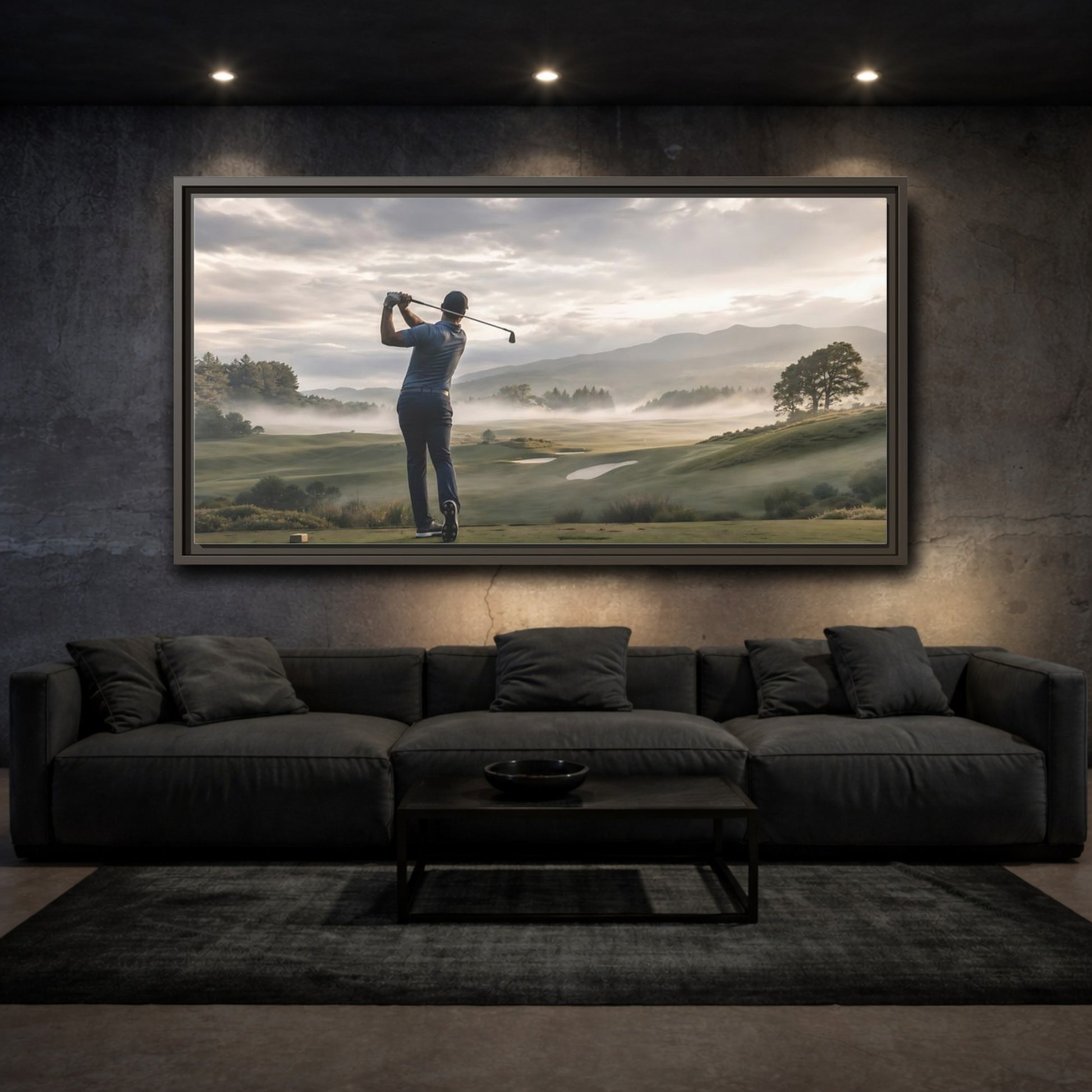Mockup 4. Sports Golfer Misty Golf Course shown as framed canvas print
