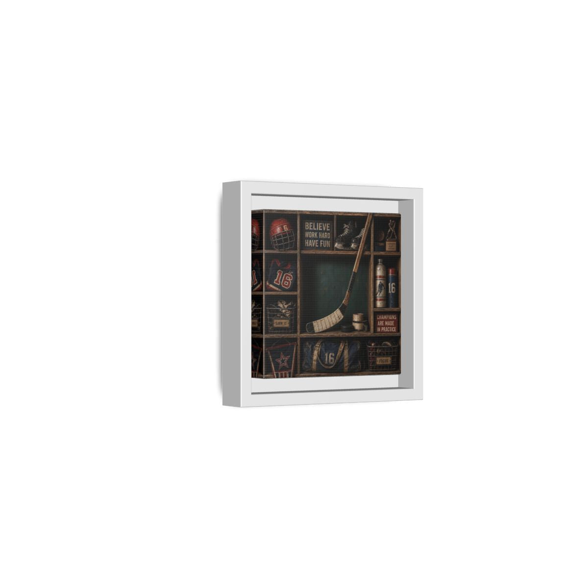 Side Mockup 22. Sports Hockey Gear Vintage Hockey shown as framed canvas print