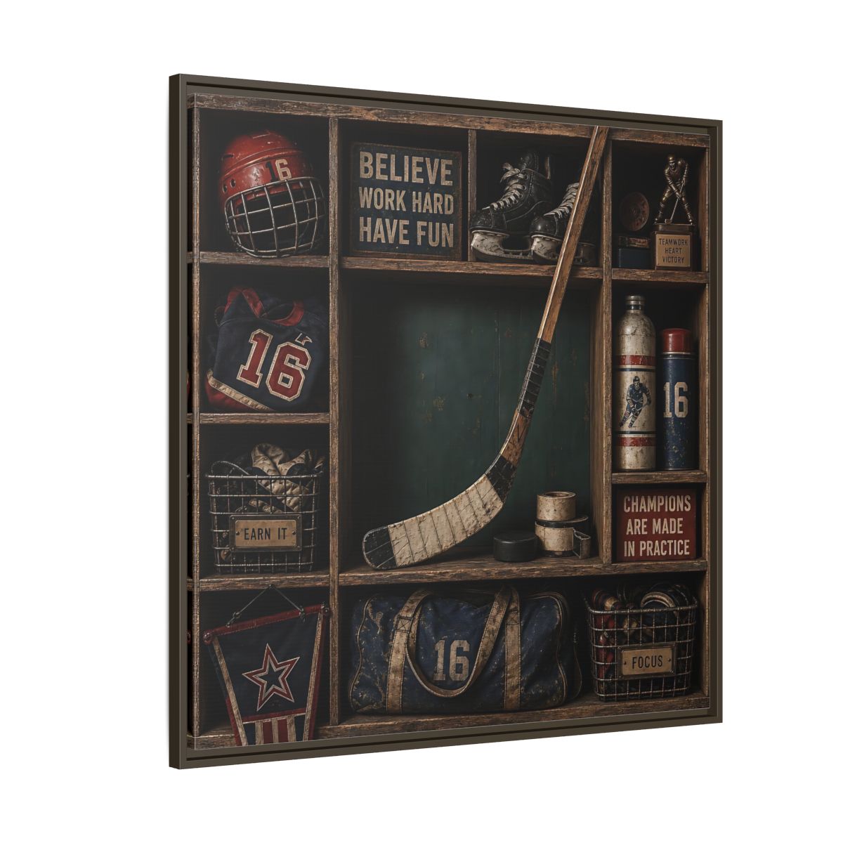 Side Mockup 5. Sports Hockey Gear Vintage Hockey shown as framed canvas print