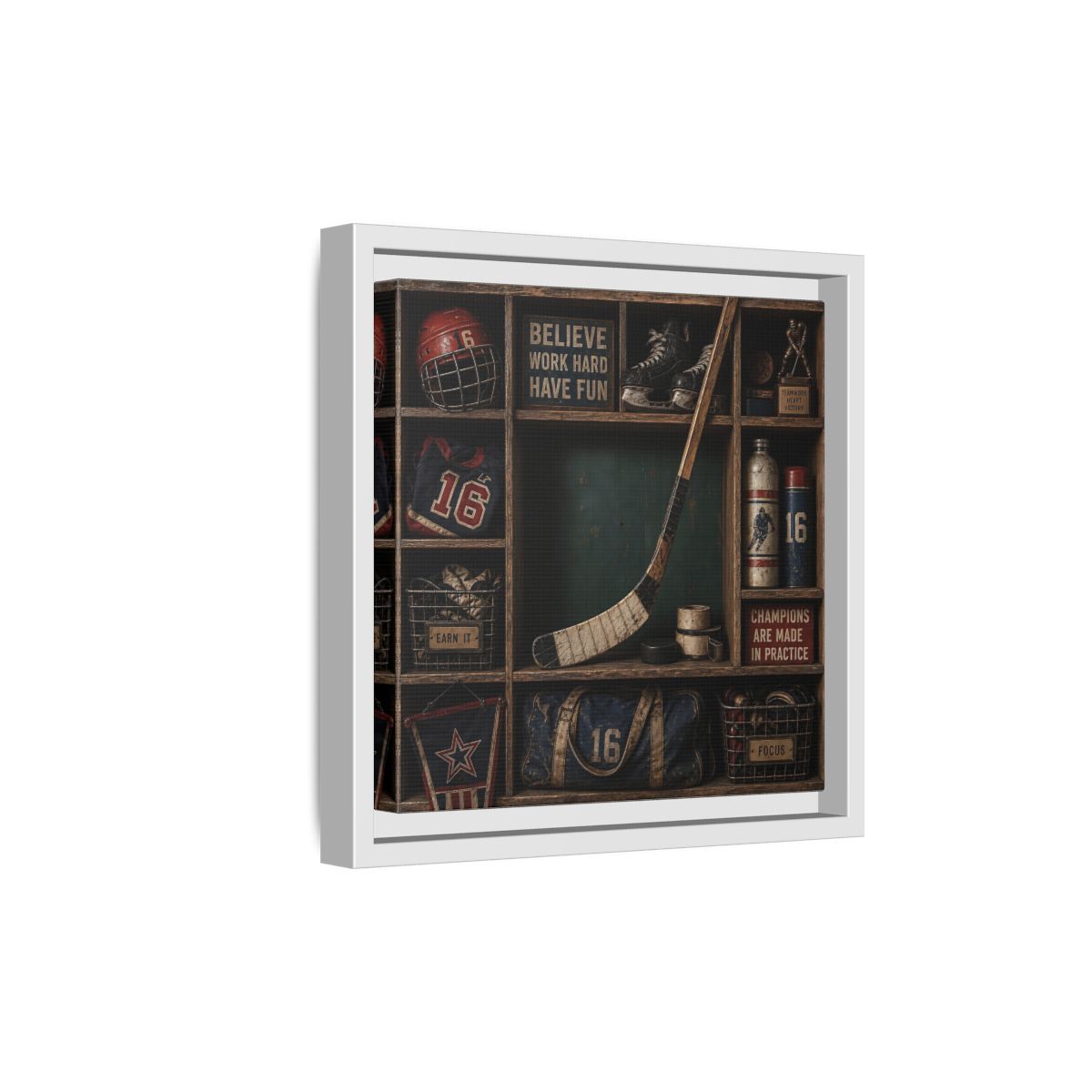 Side Mockup 19. Sports Hockey Gear Vintage Hockey shown as framed canvas print