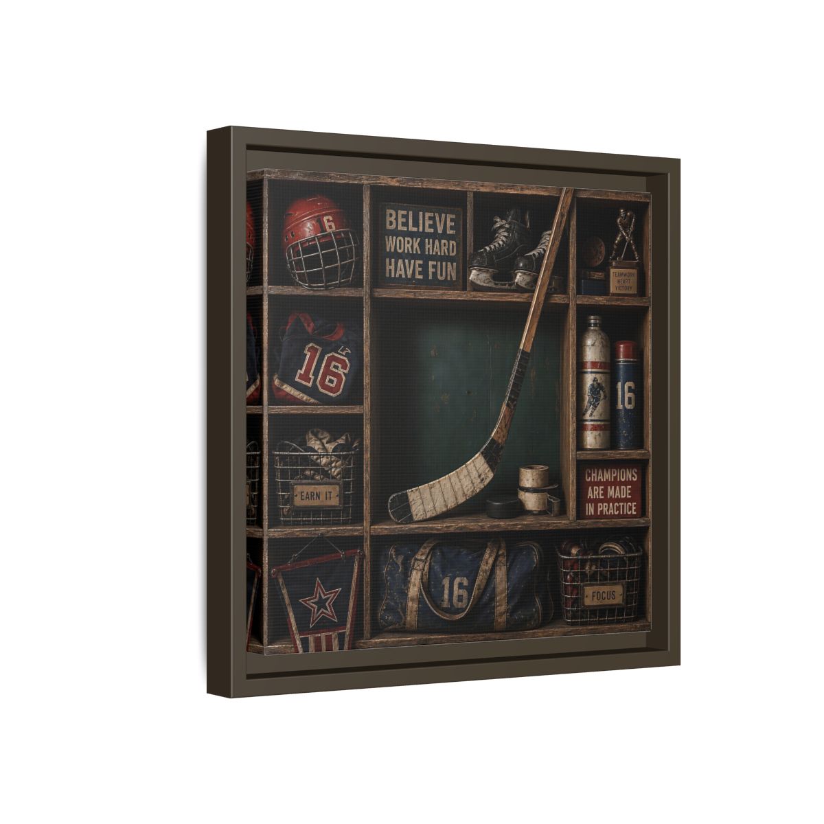 Side Mockup 17. Sports Hockey Gear Vintage Hockey shown as framed canvas print