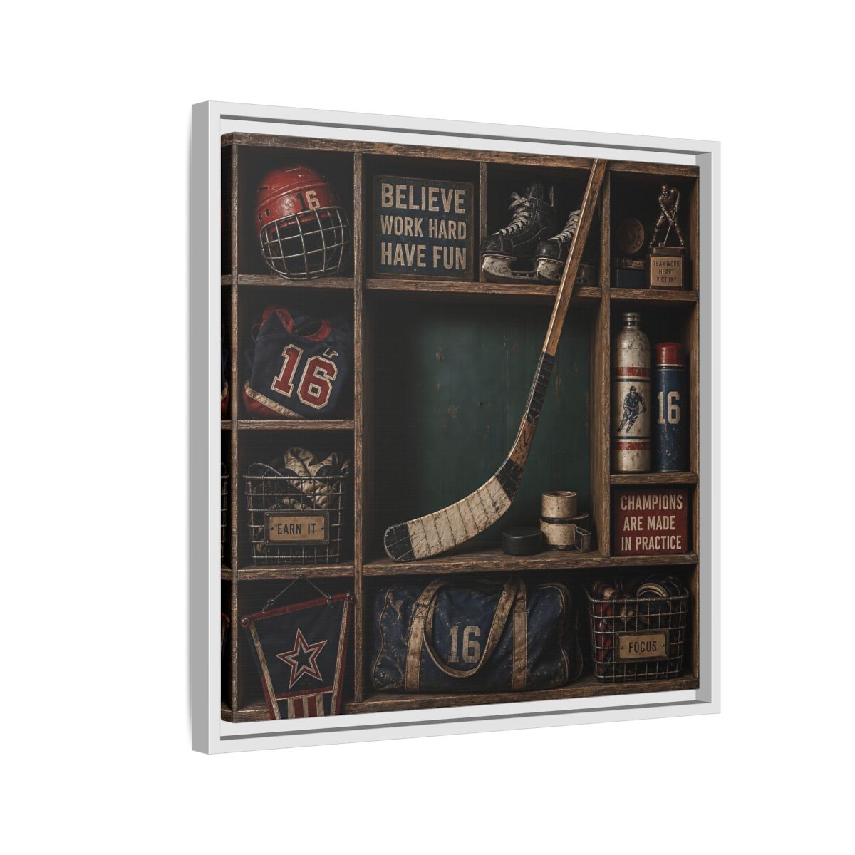 Side Mockup 10. Sports Hockey Gear Vintage Hockey shown as framed canvas print