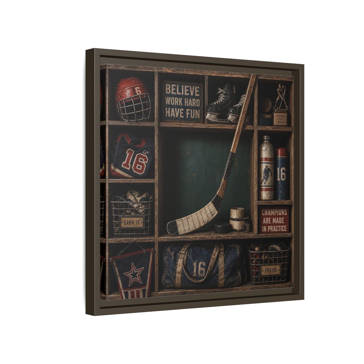 Side Mockup 14. Sports Hockey Gear Vintage Hockey shown as framed canvas print