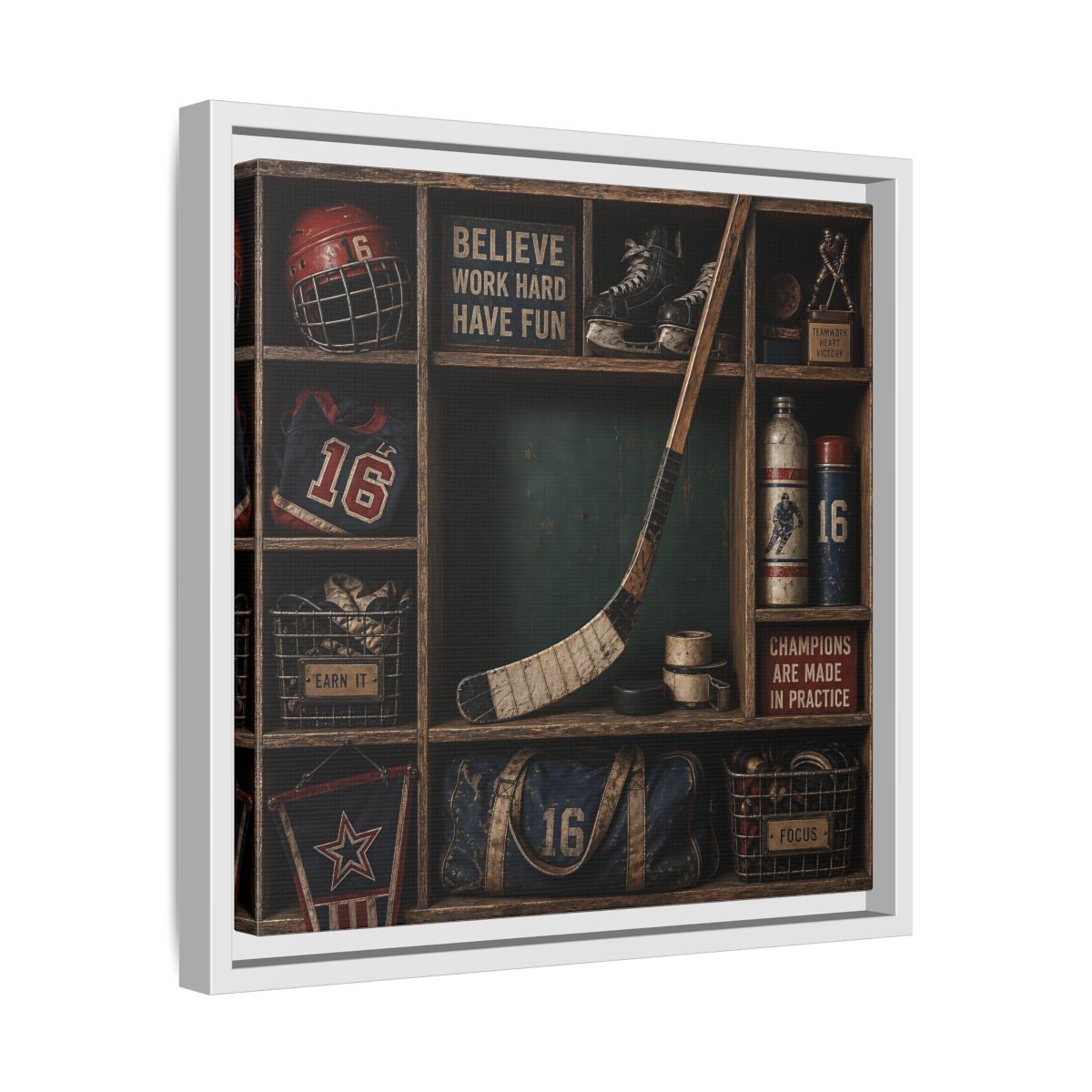 Side Mockup 28. Sports Hockey Gear Vintage Hockey shown as framed canvas print
