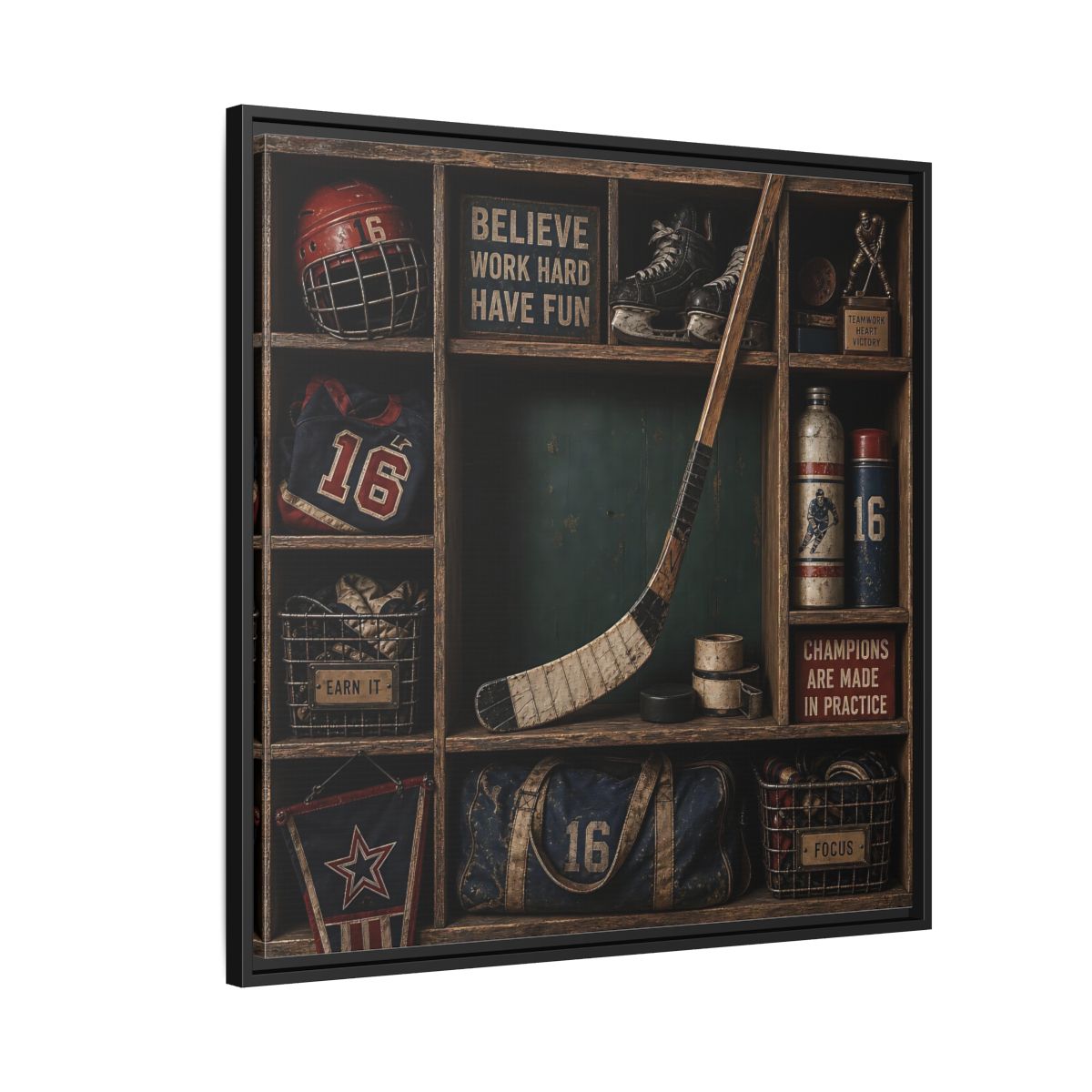 Side Mockup 9. Sports Hockey Gear Vintage Hockey shown as framed canvas print