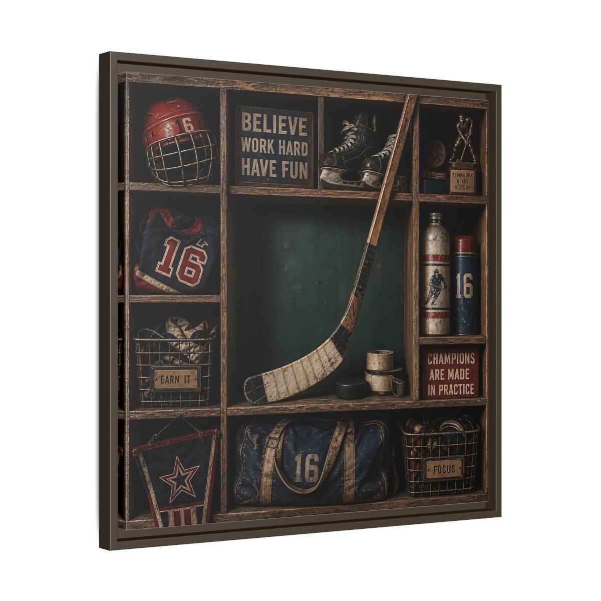Side Mockup 27. Sports Hockey Gear Vintage Hockey shown as framed canvas print