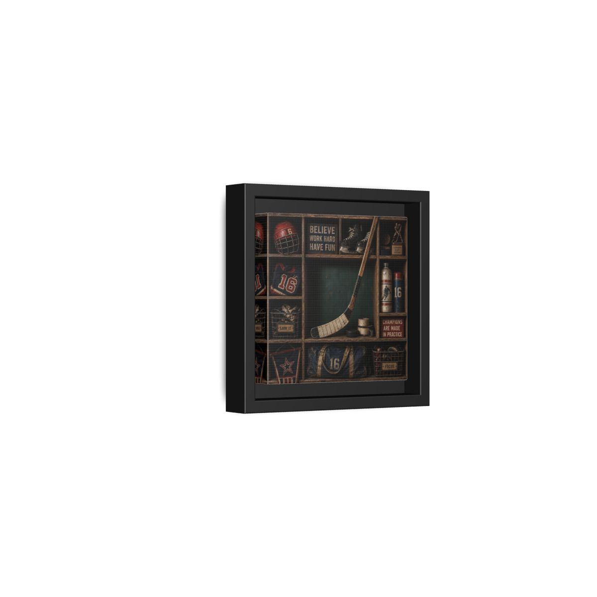 Side Mockup 24. Sports Hockey Gear Vintage Hockey shown as framed canvas print