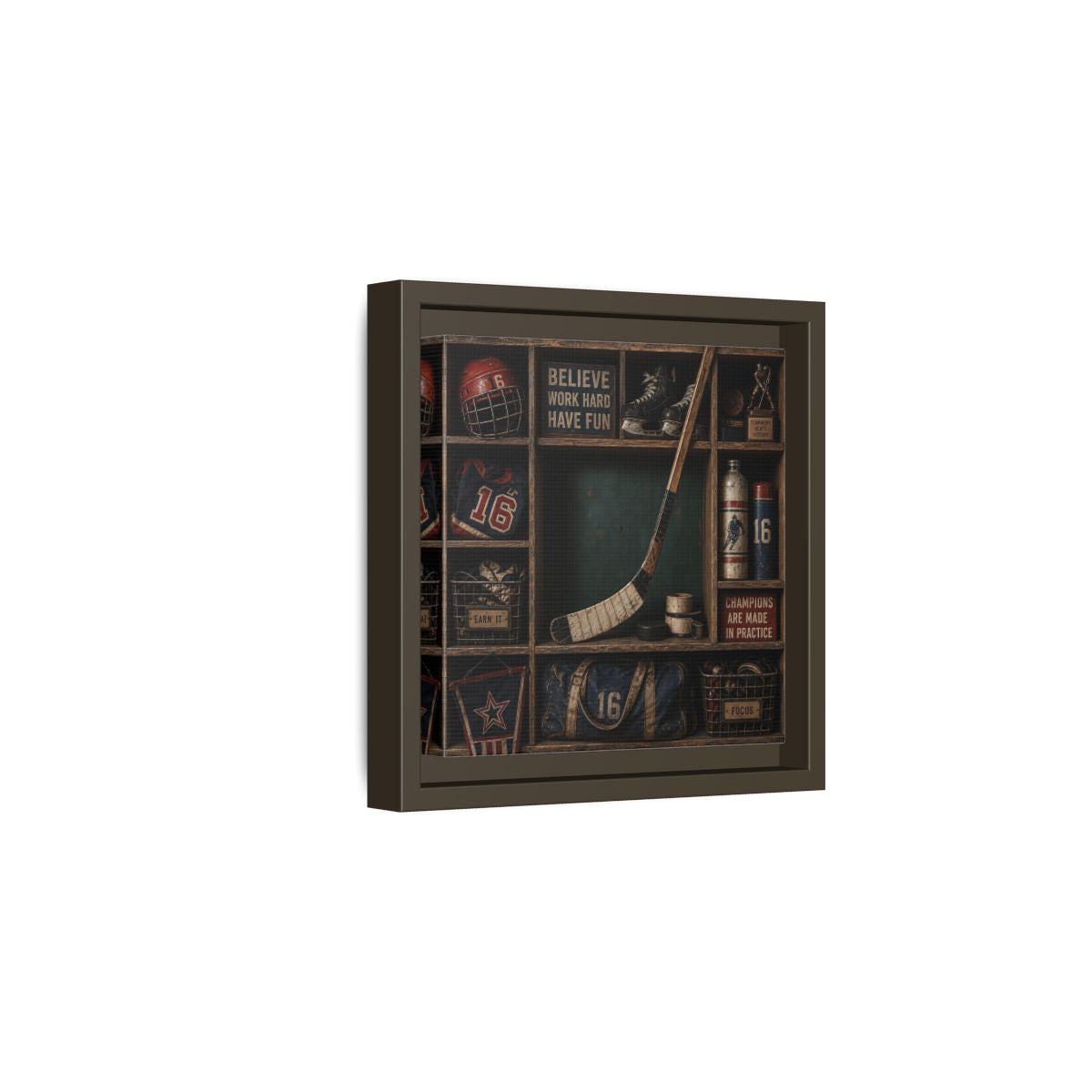 Side Mockup 2. Sports Hockey Gear Vintage Hockey shown as framed canvas print