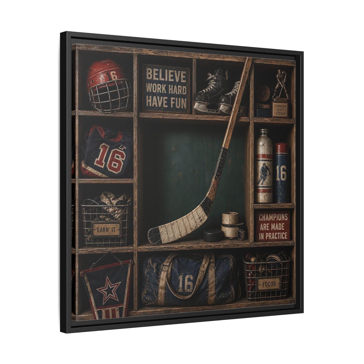 Side Mockup 31. Sports Hockey Gear Vintage Hockey shown as framed canvas print
