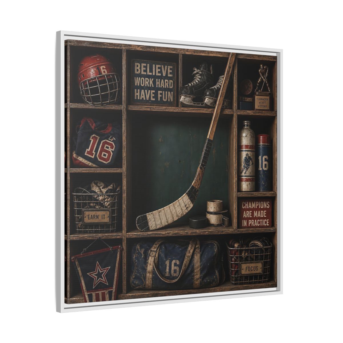 Side Mockup 25. Sports Hockey Gear Vintage Hockey shown as framed canvas print