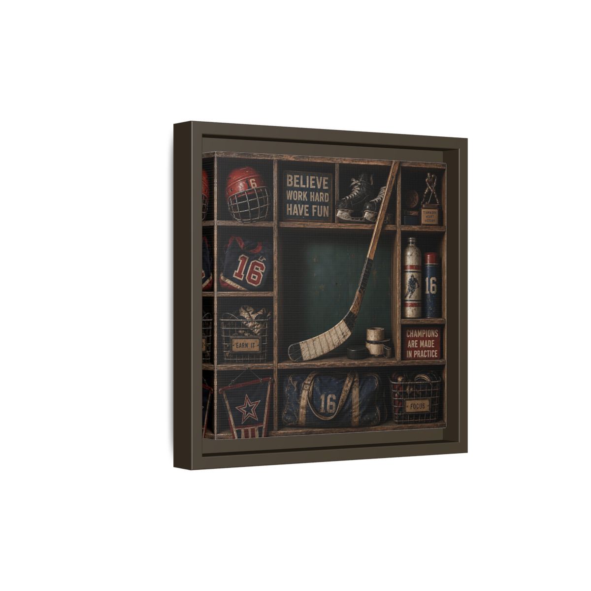 Side Mockup 20. Sports Hockey Gear Vintage Hockey shown as framed canvas print