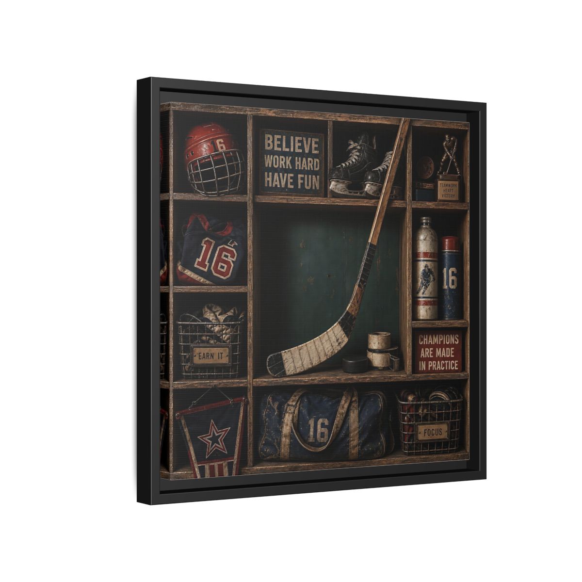 Side Mockup 15. Sports Hockey Gear Vintage Hockey shown as framed canvas print