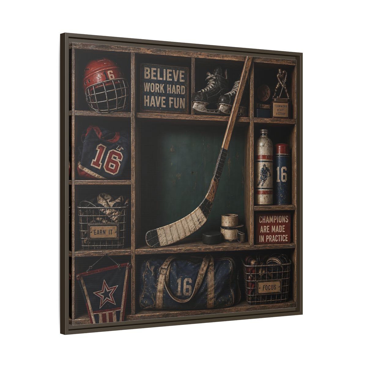 Main Mockup. Sports Hockey Gear Vintage Hockey shown as framed canvas print