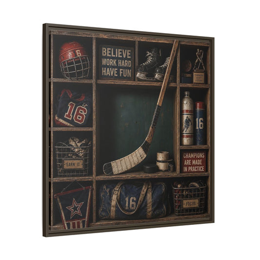 Main Mockup. Sports Hockey Gear Vintage Hockey shown as framed canvas print