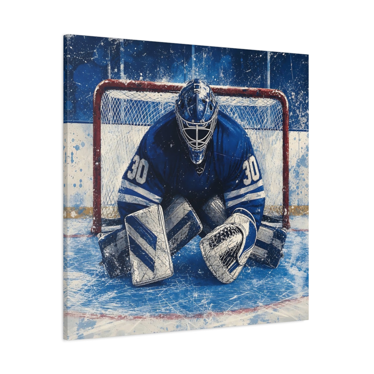 Side Mockup 1. Sports Hockey Goalie Blue And White Hockey shown as canvas print