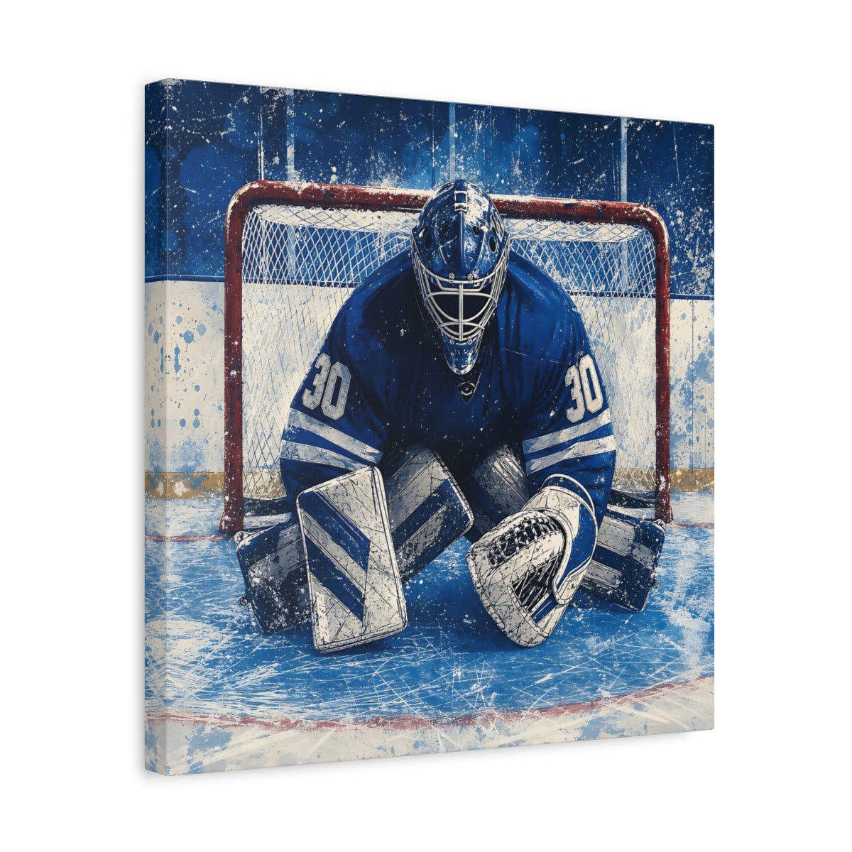 Side Mockup 6. Sports Hockey Goalie Blue And White Hockey shown as canvas print