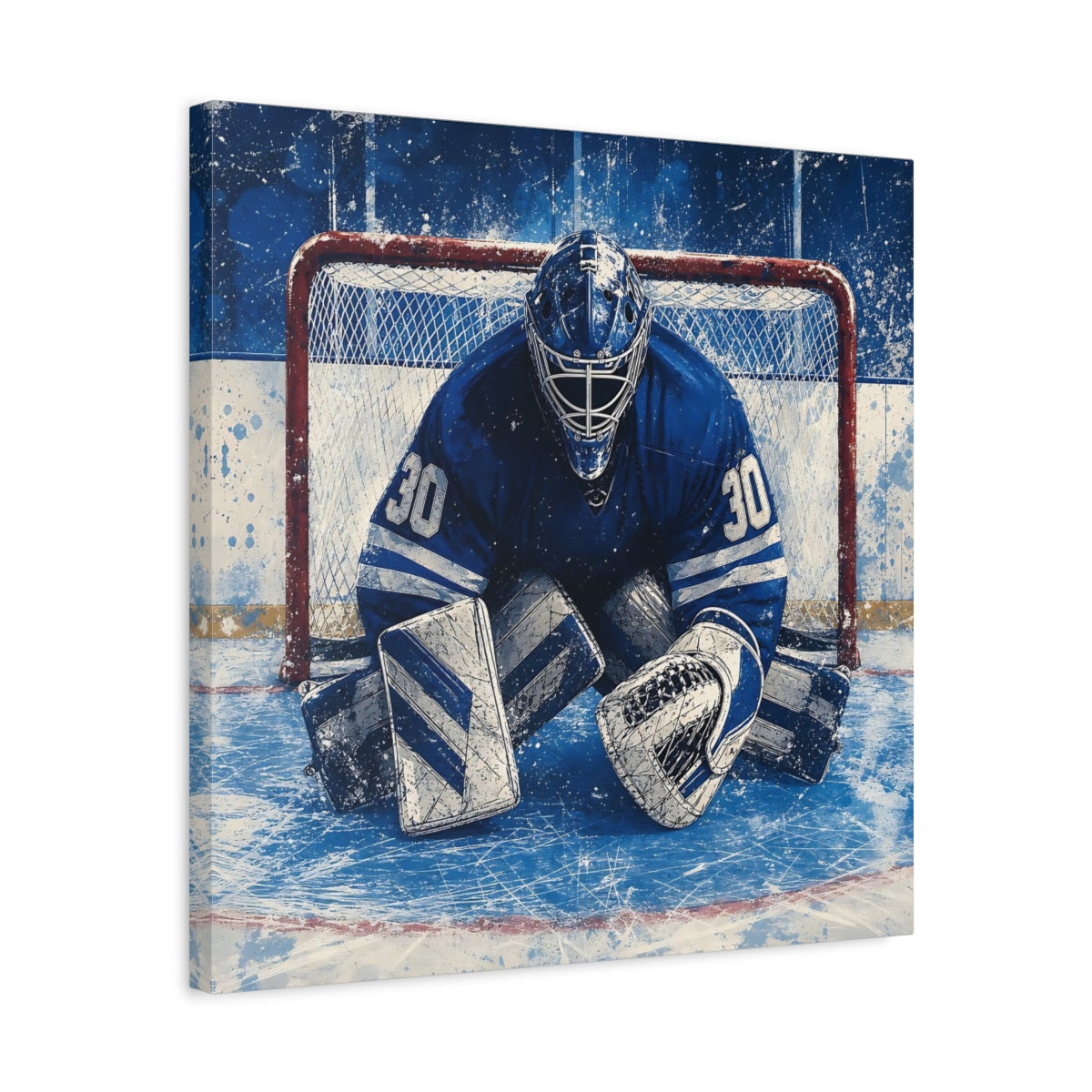 Side Mockup 5. Sports Hockey Goalie Blue And White Hockey shown as canvas print