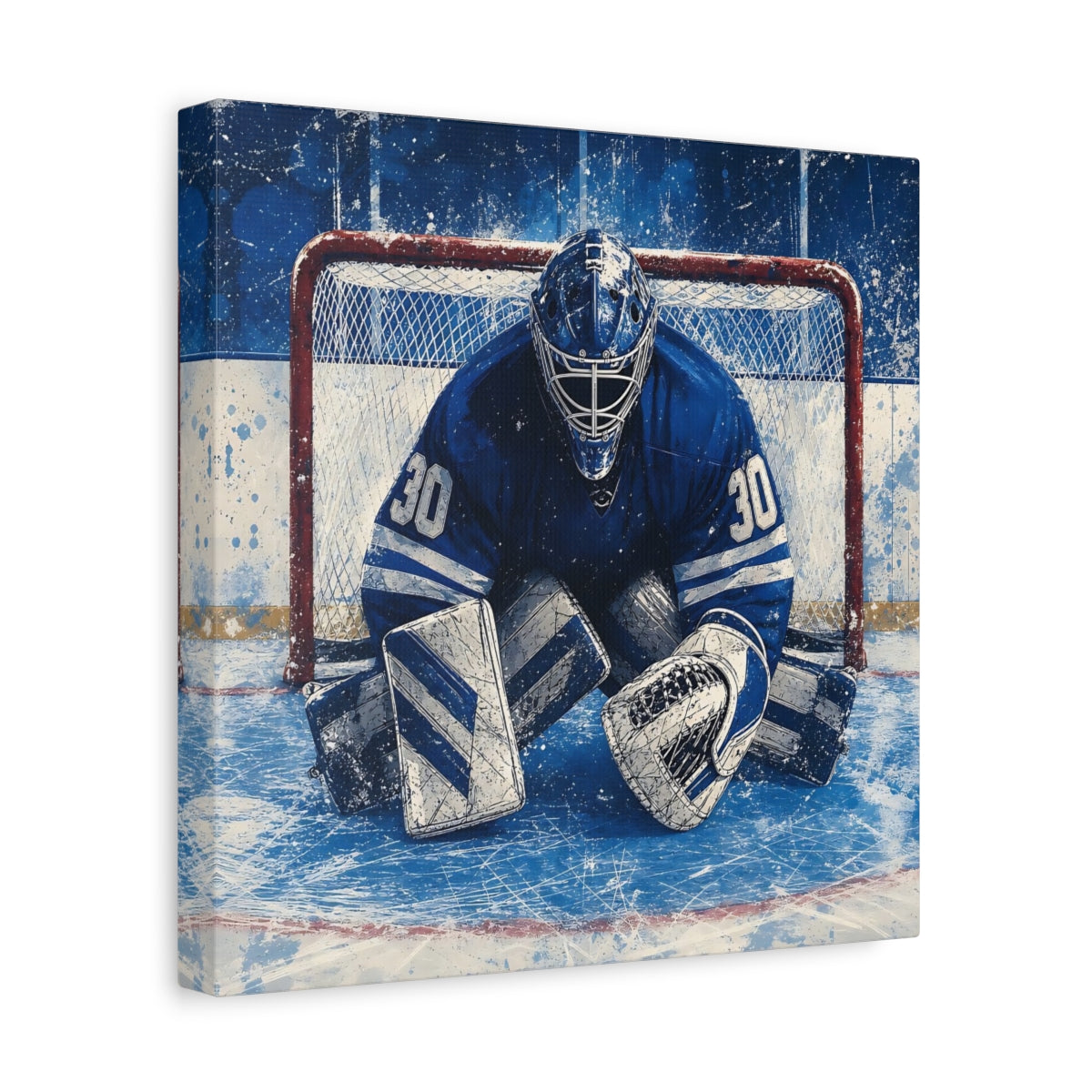 Side Mockup 8. Sports Hockey Goalie Blue And White Hockey shown as canvas print