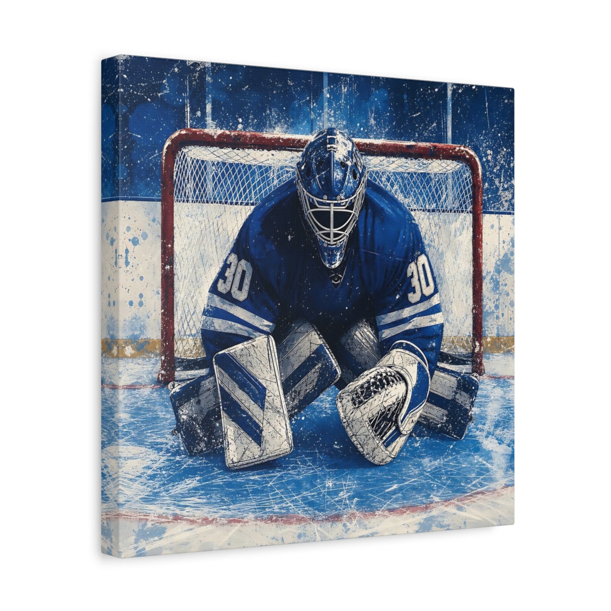 Side Mockup 7. Sports Hockey Goalie Blue And White Hockey shown as canvas print
