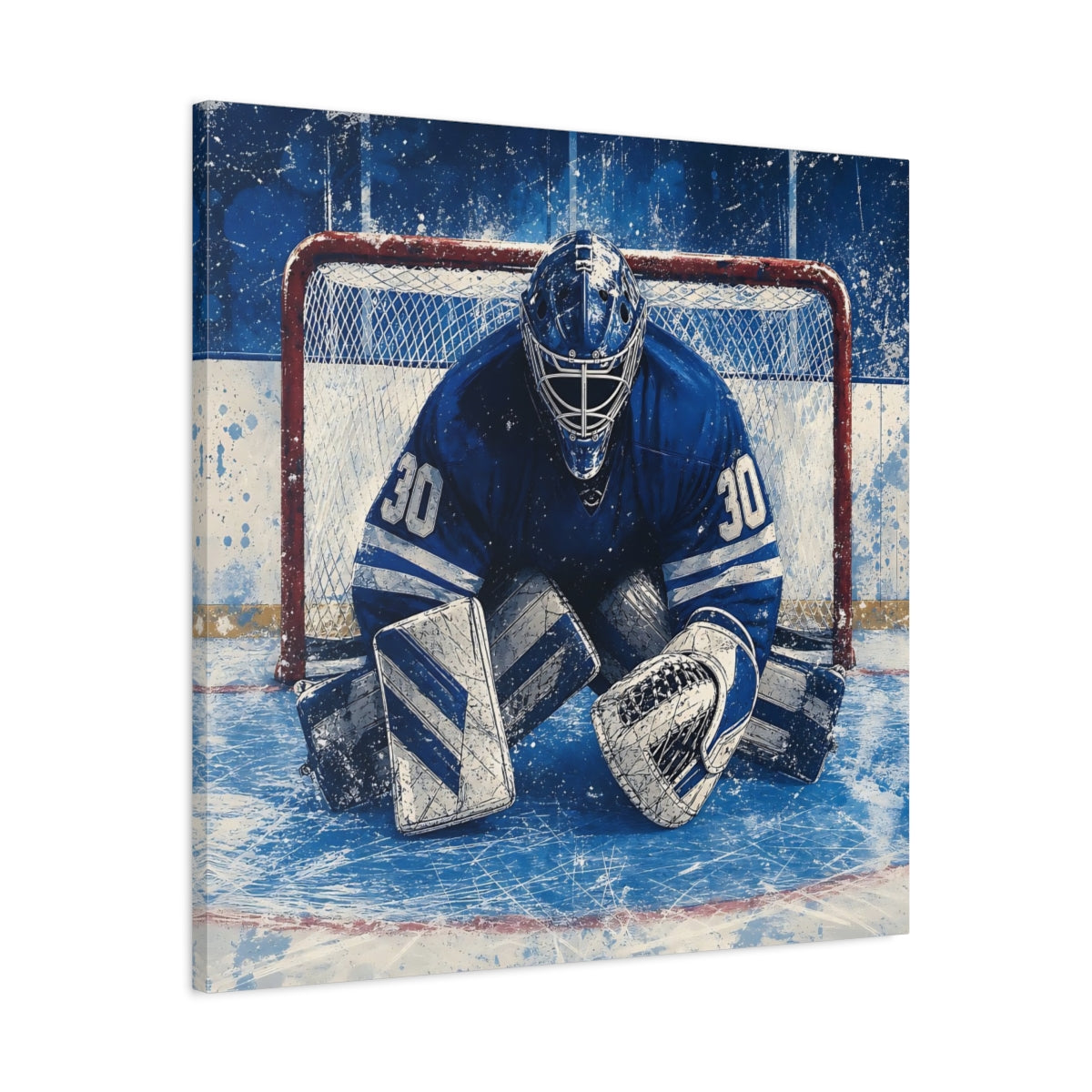 Side Mockup 3. Sports Hockey Goalie Blue And White Hockey shown as canvas print