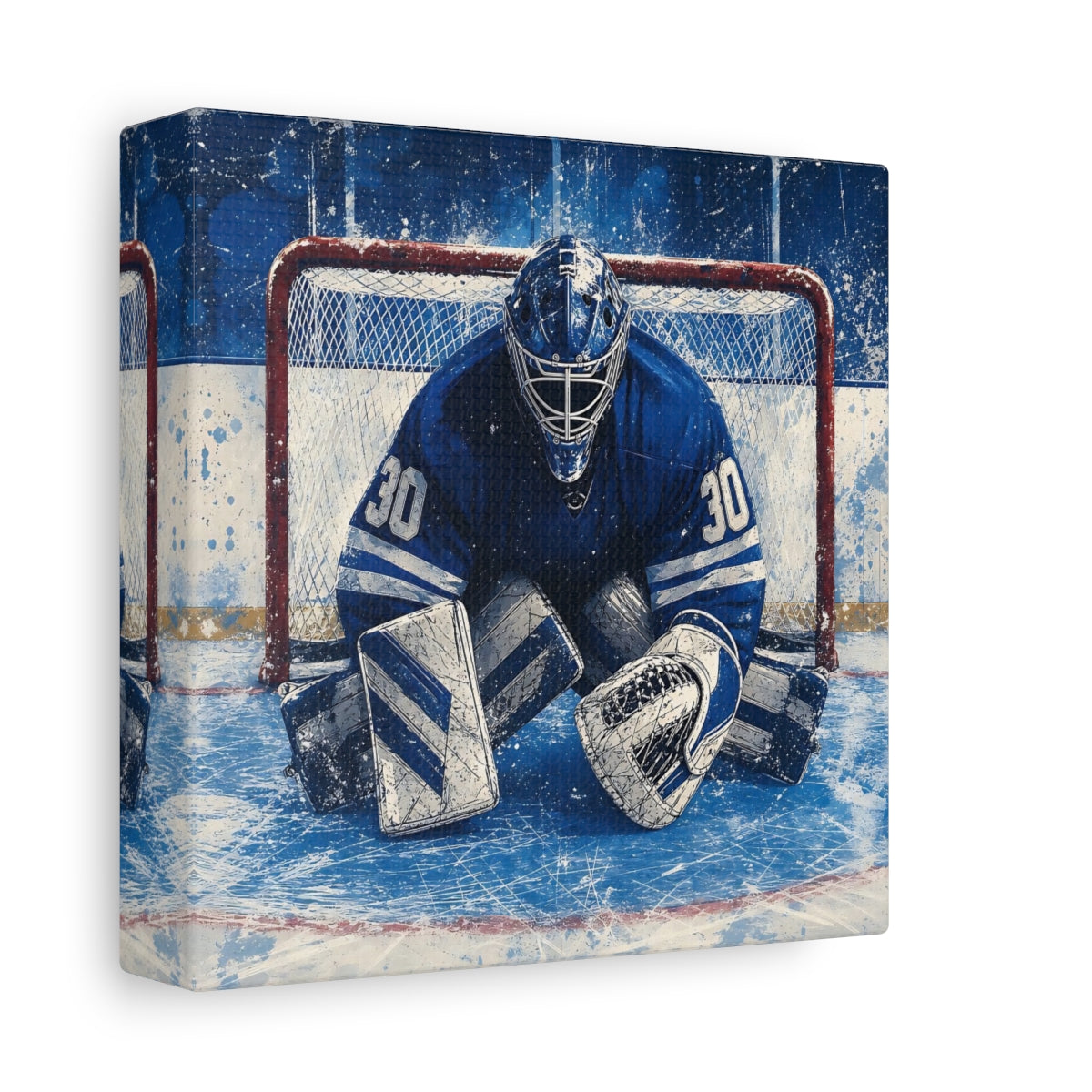 Side Mockup 2. Sports Hockey Goalie Blue And White Hockey shown as canvas print