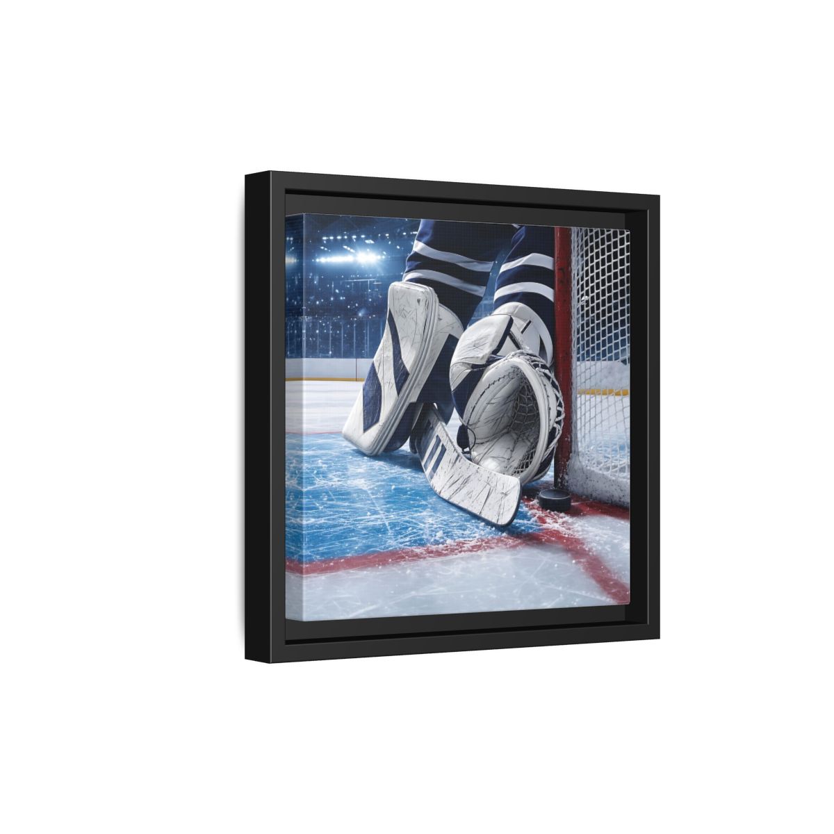 Side Mockup 21. Sports Hockey Goalie Blue And White Hockey Gear shown as framed canvas print