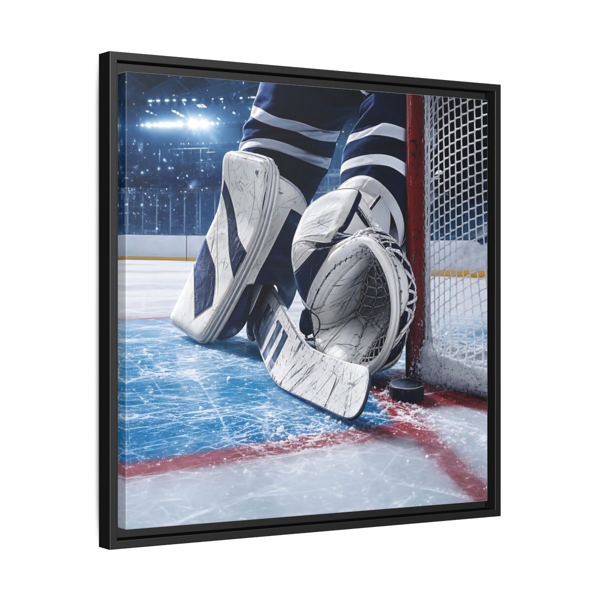 Side Mockup 31. Sports Hockey Goalie Blue And White Hockey Gear shown as framed canvas print
