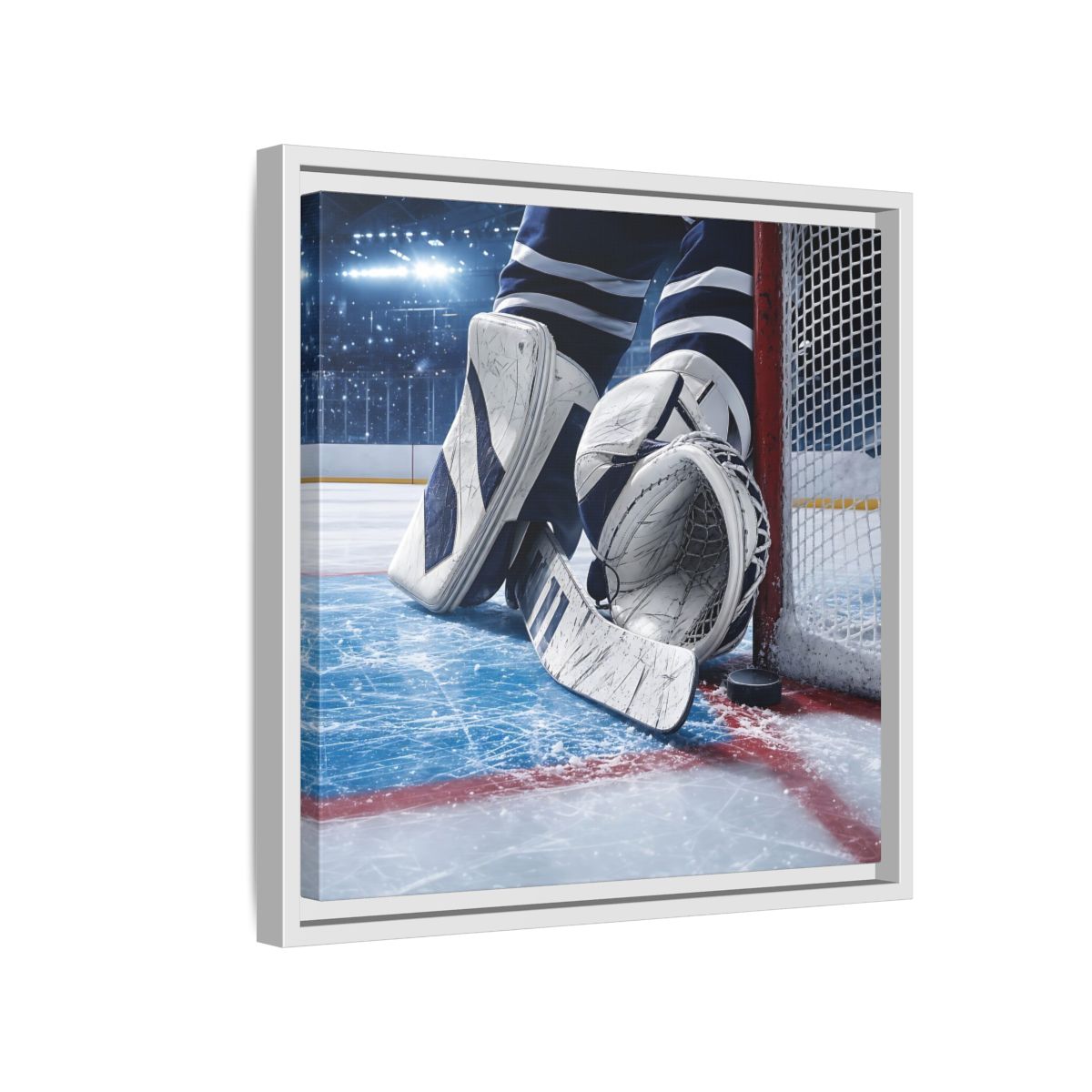 Side Mockup 13. Sports Hockey Goalie Blue And White Hockey Gear shown as framed canvas print