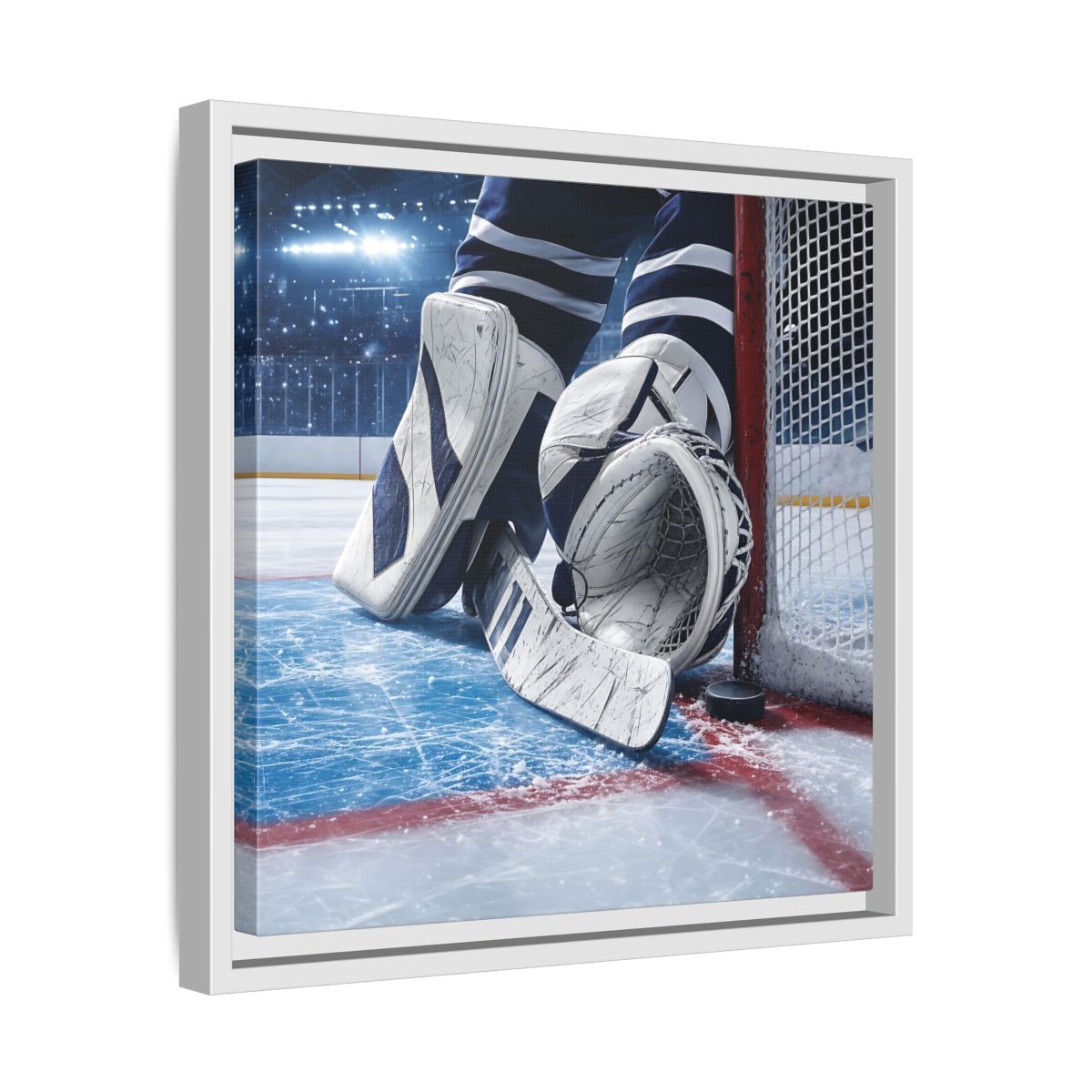 Side Mockup 28. Sports Hockey Goalie Blue And White Hockey Gear shown as framed canvas print