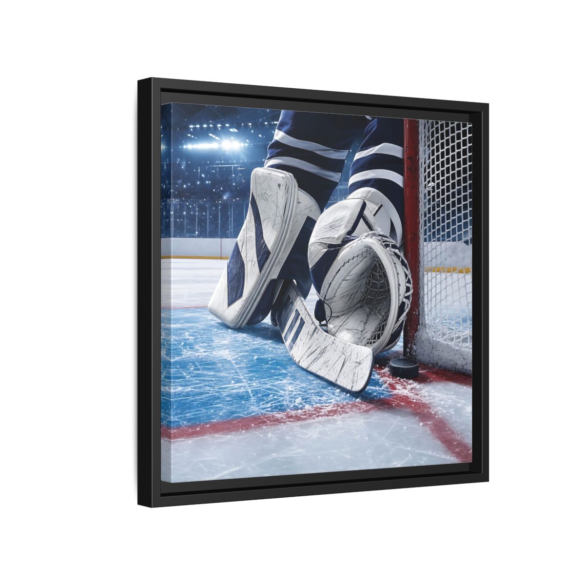 Side Mockup 15. Sports Hockey Goalie Blue And White Hockey Gear shown as framed canvas print