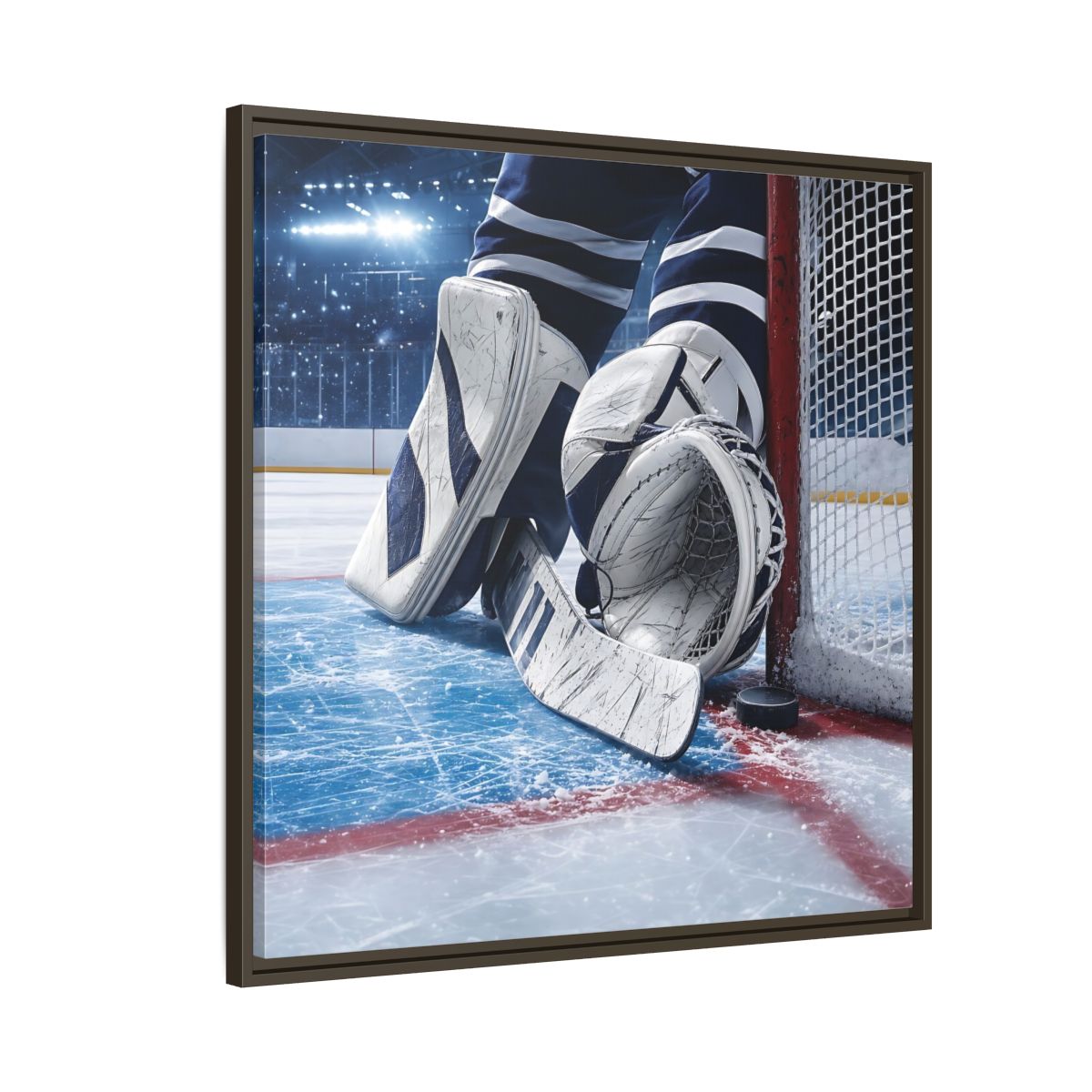Side Mockup 8. Sports Hockey Goalie Blue And White Hockey Gear shown as framed canvas print
