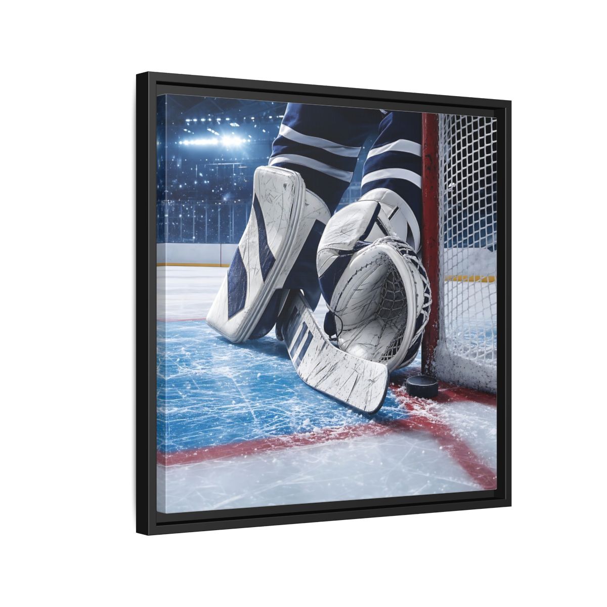 Side Mockup 12. Sports Hockey Goalie Blue And White Hockey Gear shown as framed canvas print