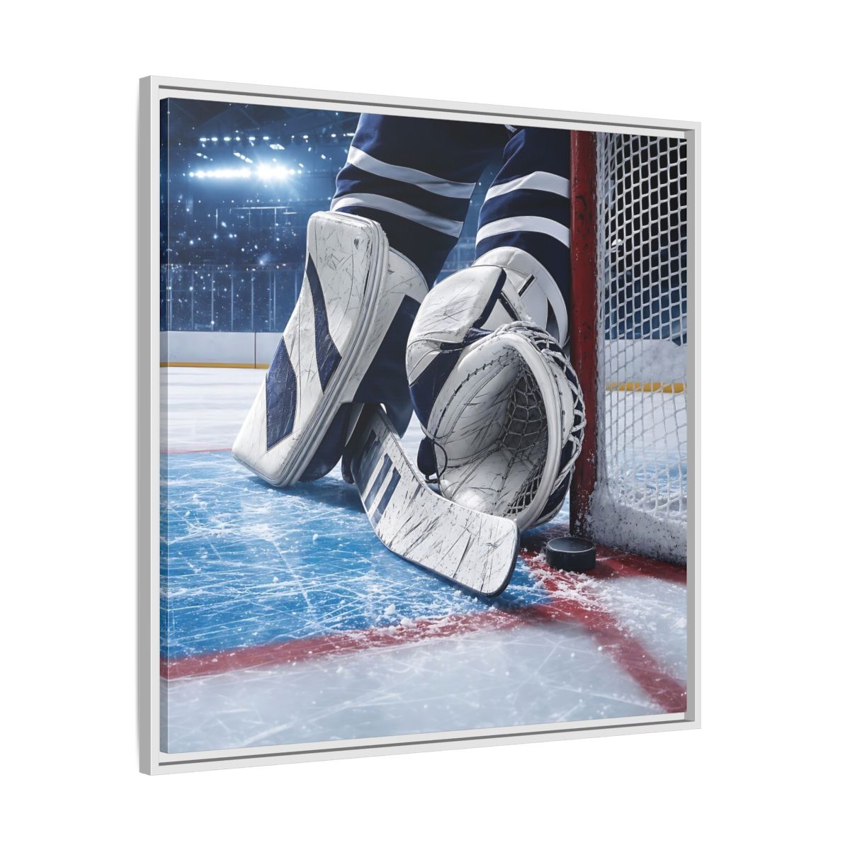 Side Mockup 25. Sports Hockey Goalie Blue And White Hockey Gear shown as framed canvas print