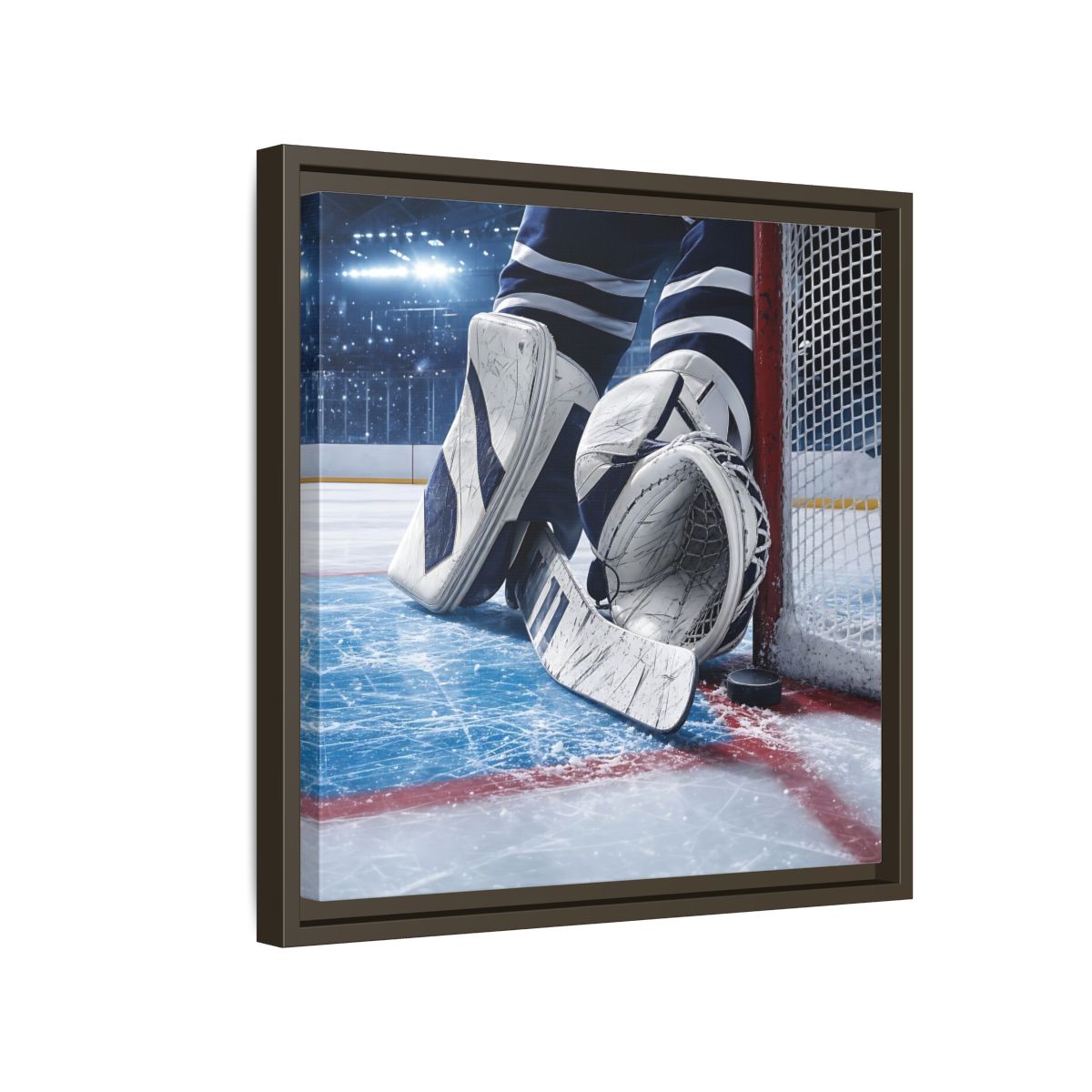 Side Mockup 14. Sports Hockey Goalie Blue And White Hockey Gear shown as framed canvas print