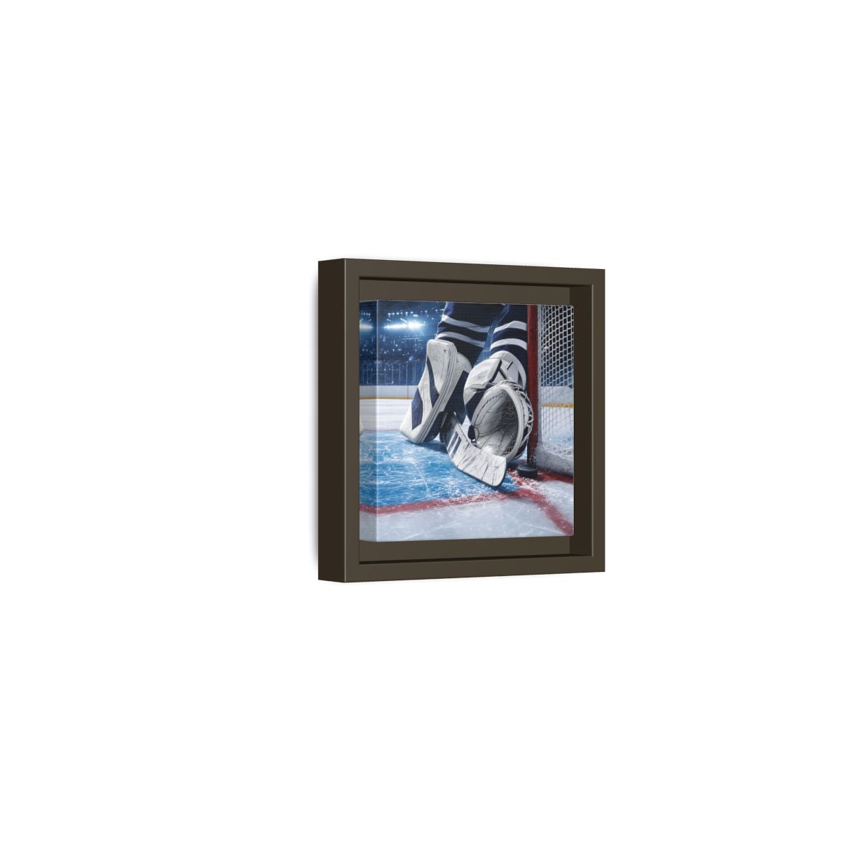 Side Mockup 23. Sports Hockey Goalie Blue And White Hockey Gear shown as framed canvas print
