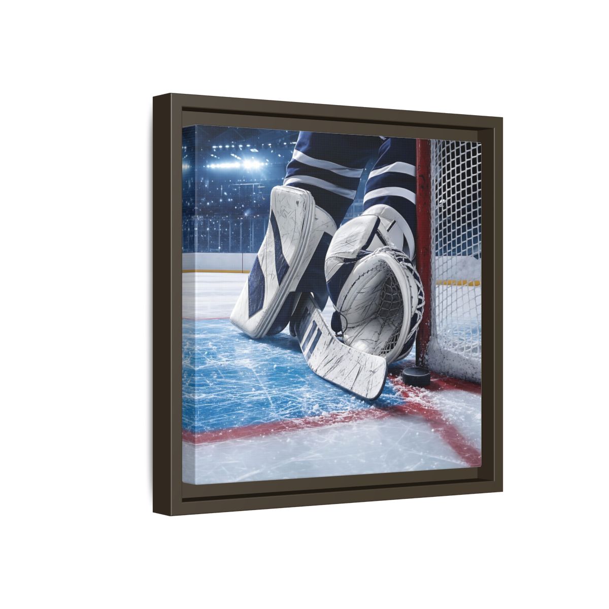 Side Mockup 17. Sports Hockey Goalie Blue And White Hockey Gear shown as framed canvas print