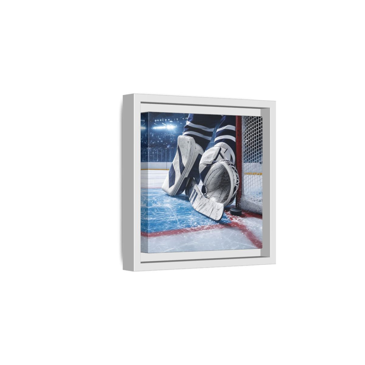 Side Mockup 1. Sports Hockey Goalie Blue And White Hockey Gear shown as framed canvas print