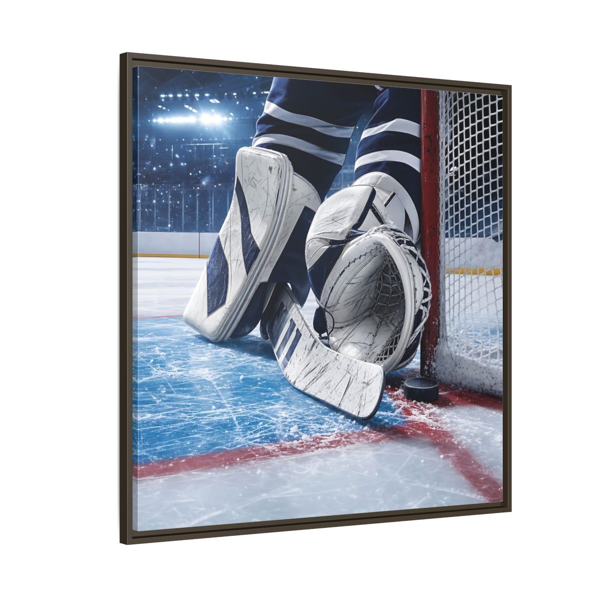 Side Mockup 5. Sports Hockey Goalie Blue And White Hockey Gear shown as framed canvas print