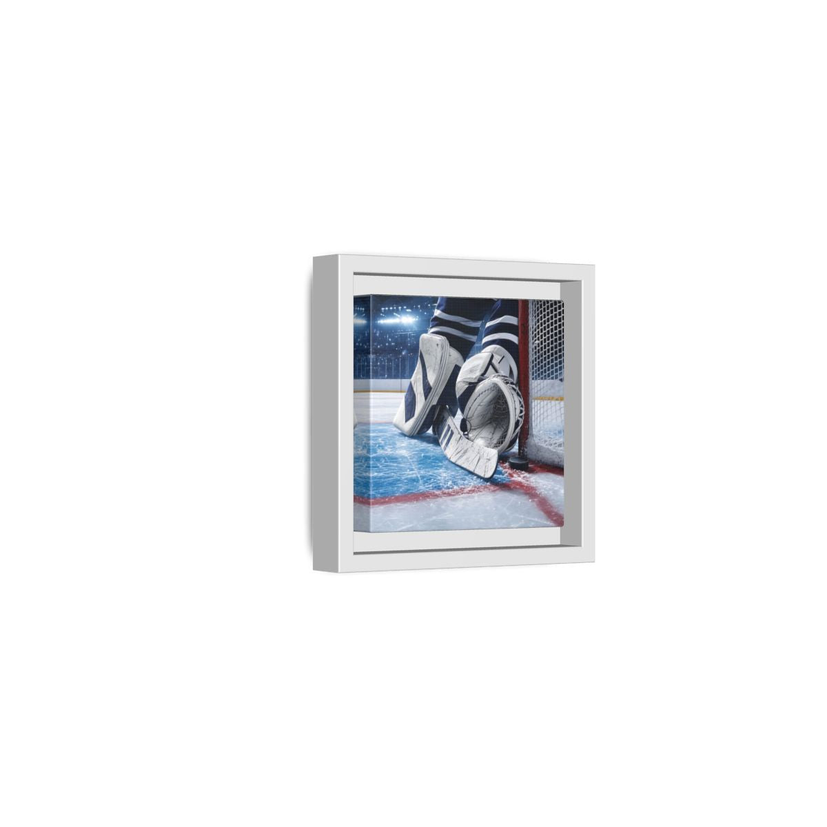 Side Mockup 22. Sports Hockey Goalie Blue And White Hockey Gear shown as framed canvas print