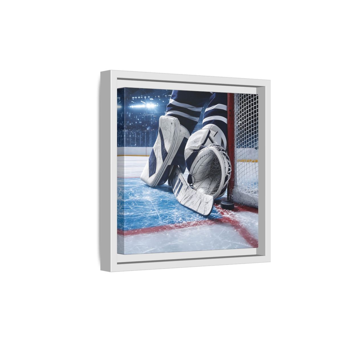 Side Mockup 19. Sports Hockey Goalie Blue And White Hockey Gear shown as framed canvas print