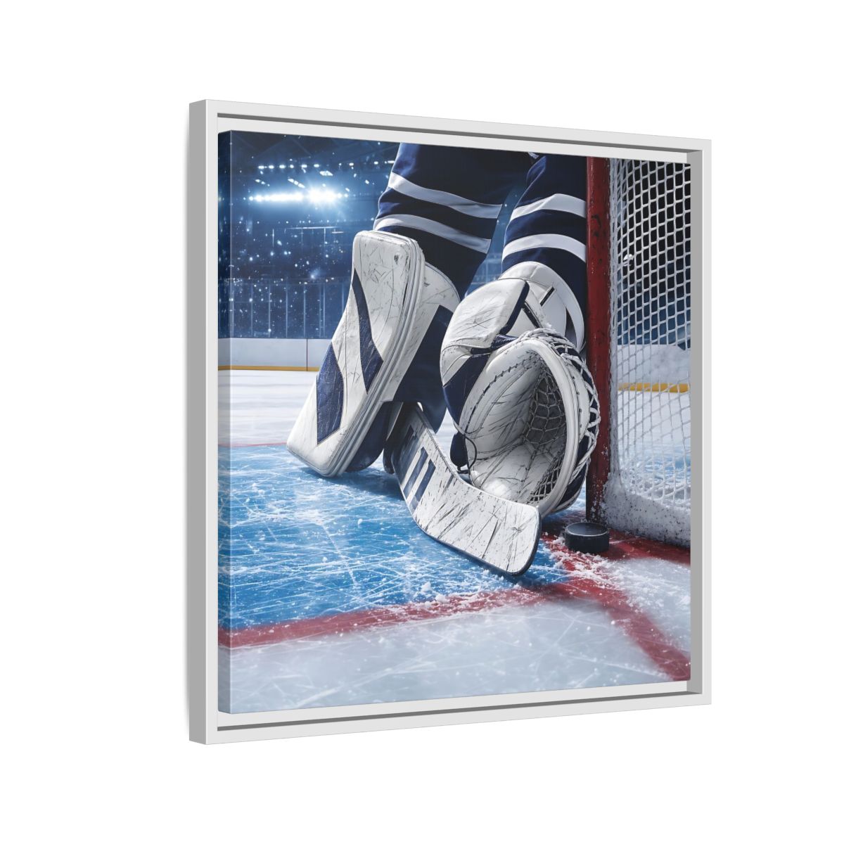 Side Mockup 10. Sports Hockey Goalie Blue And White Hockey Gear shown as framed canvas print