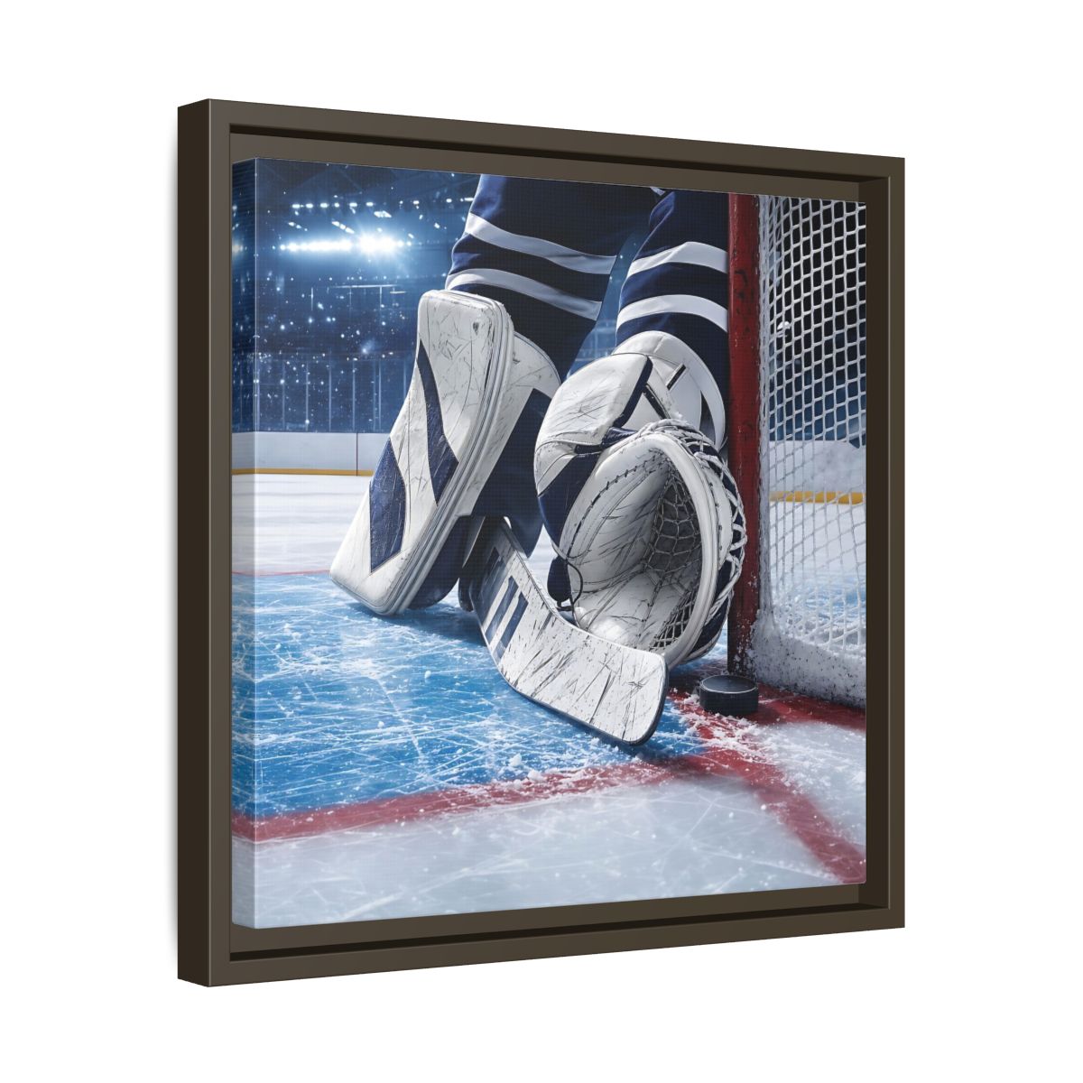 Side Mockup 29. Sports Hockey Goalie Blue And White Hockey Gear shown as framed canvas print