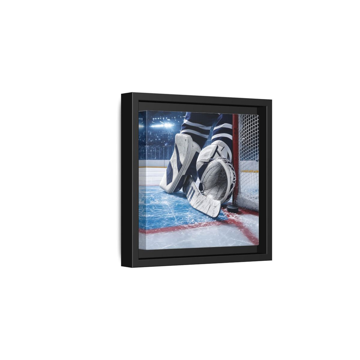 Side Mockup 3. Sports Hockey Goalie Blue And White Hockey Gear shown as framed canvas print