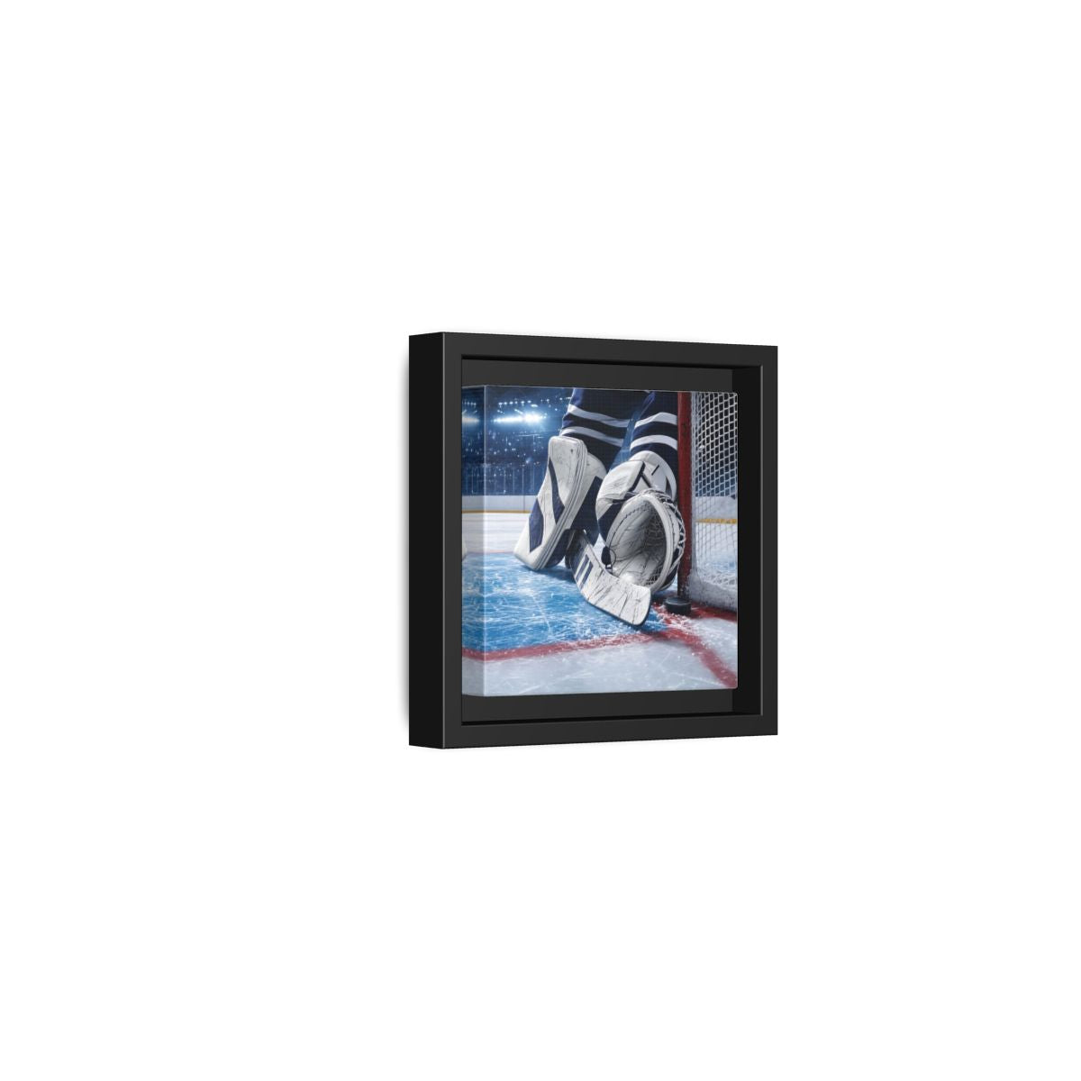 Side Mockup 24. Sports Hockey Goalie Blue And White Hockey Gear shown as framed canvas print