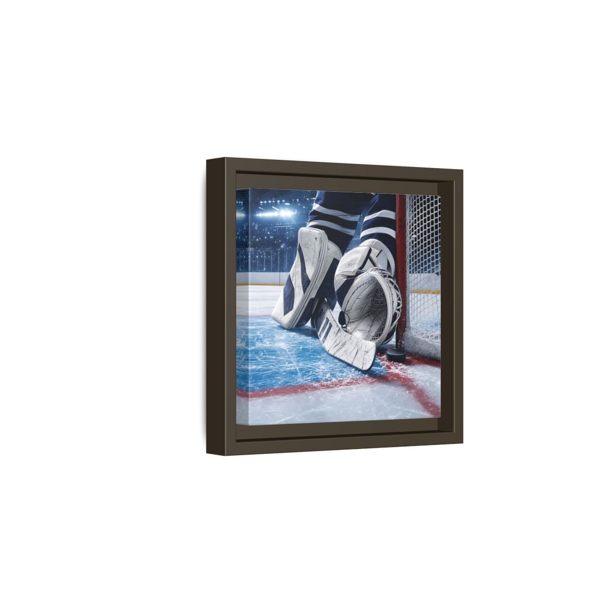 Side Mockup 2. Sports Hockey Goalie Blue And White Hockey Gear shown as framed canvas print